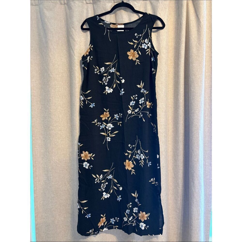🎀Vintage🎀 1990s Sleeveless Black Floral Maxi Dress Cream & Blue Flowers Size Med
